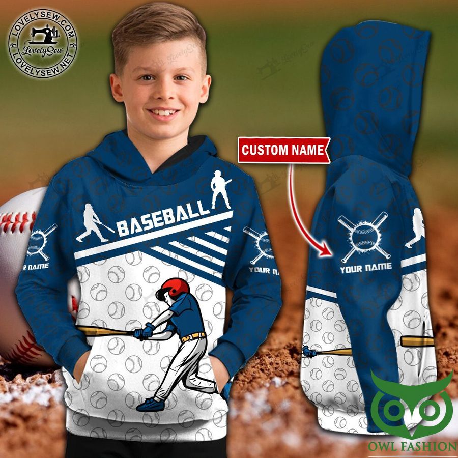 Customized Baseball Player Kid Navy and White 3D Hoodie