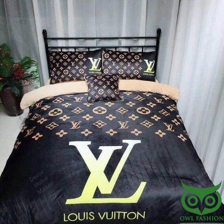 Luxury Louis Vuitton Black with Light Yellow Big Logo and Name Bedding Set
