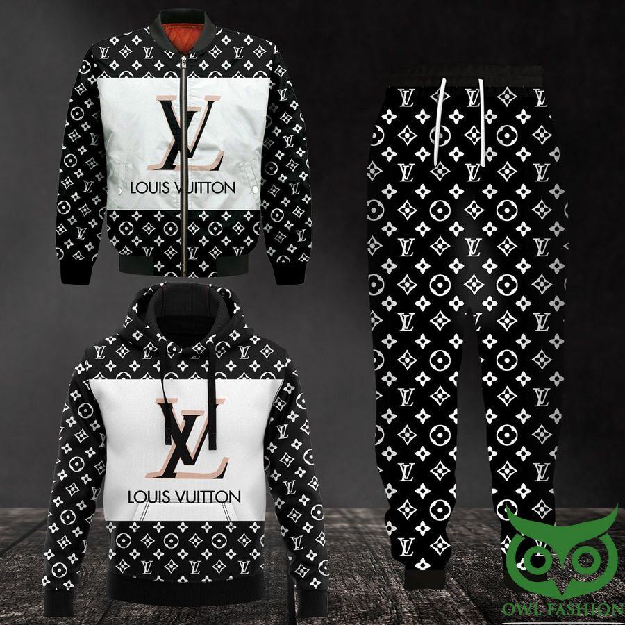 Luxury Louis Vuitton Black and White Logo Center and Monogram Pattern 3D Shirt and Pants