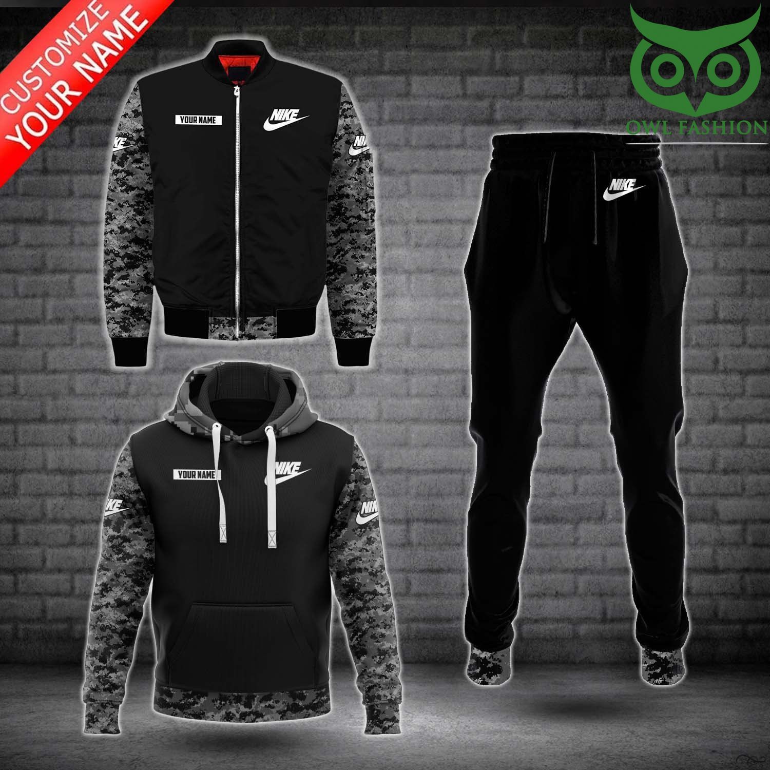 Personalized Nike grey and black camo bomber jacket hoodies and sweatpants
