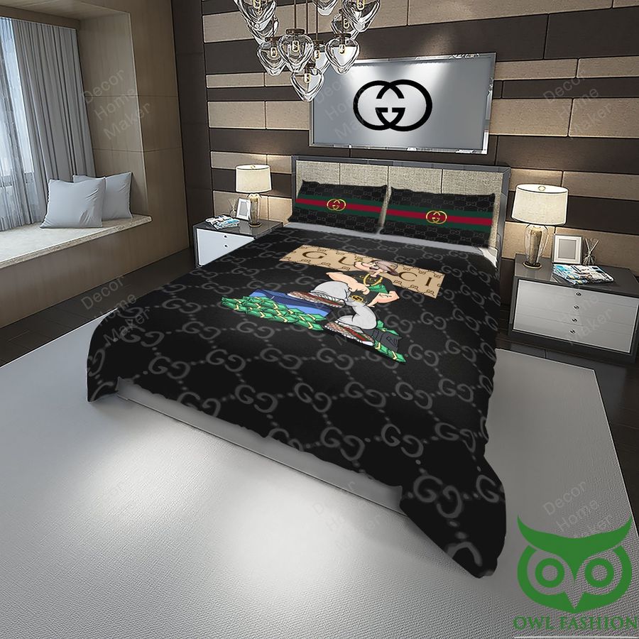 Luxury Gucci Black with Logos and Cartoon Character with Money Bedding Set