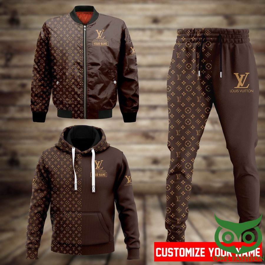 Customized Luxury Louis Vuitton Half Dark Brown Half Monogram Pattern 3D Shirt and Pants