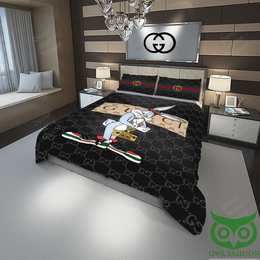 Luxury Gucci Black with Multiple Logos and Big Central Rabbit Bedding Set