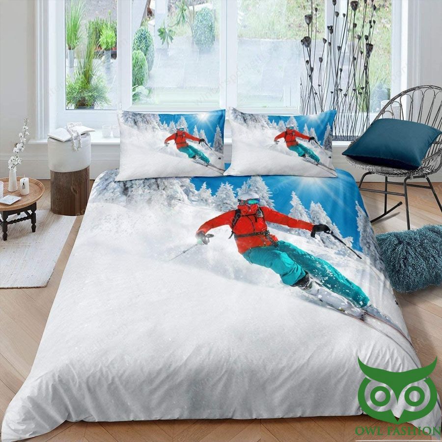 Skiing player on snow mountain Red Coat Bedding Set