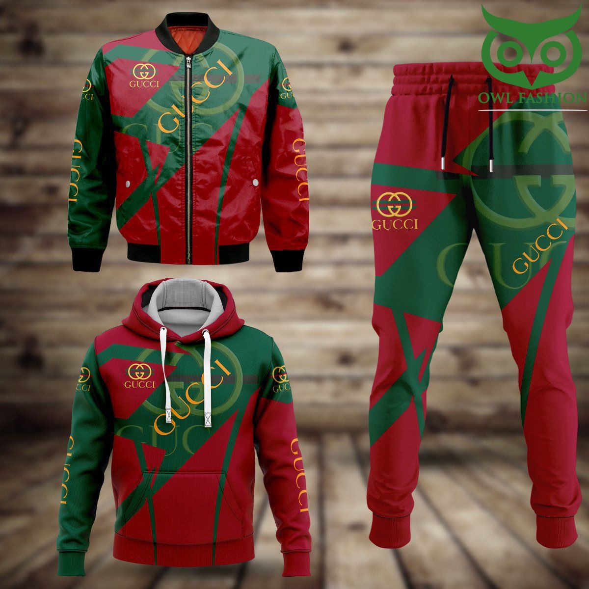 Gucci red and green Fashion Bomber Jacket Hoodie and Pants 