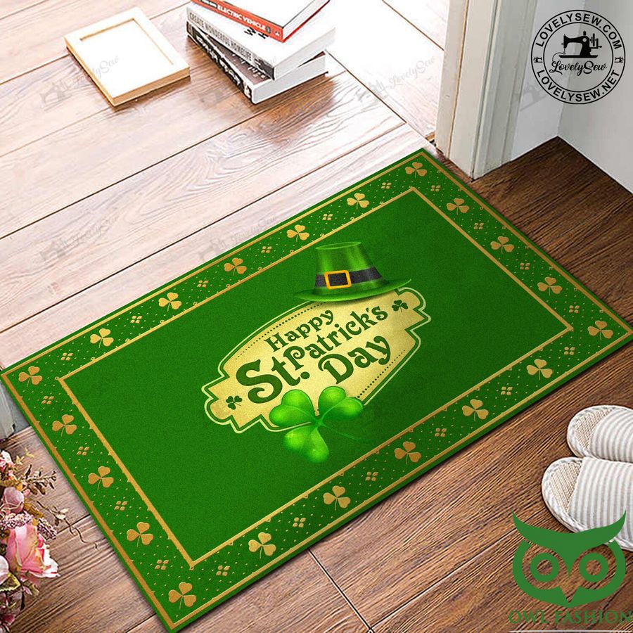 Happy St. Patrick's Day Green Color with Hat and Leaves Doormat