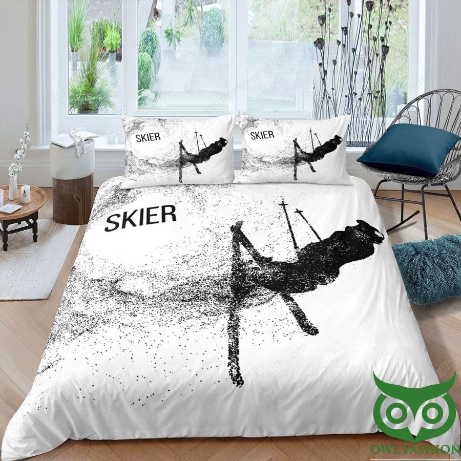 Skiing Skier Black and White with Black Dots Bedding Set