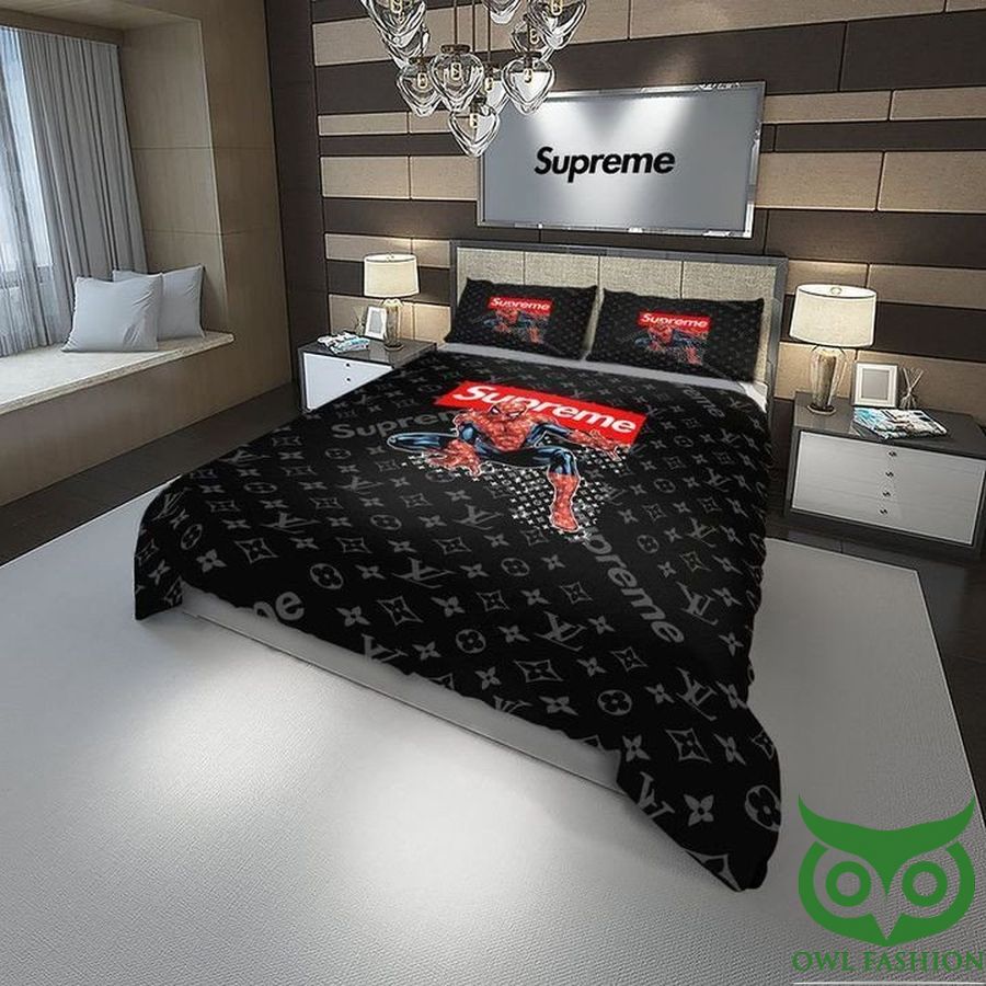 Luxury Louis Vuitton Black with Supreme Name and Spiderman Center Bedding Set