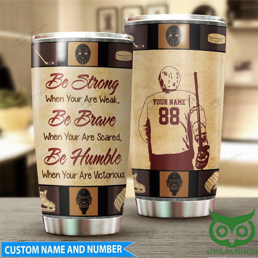 Custom Name Hockey Player with Equipment Brown Stainless Steel Tumbler