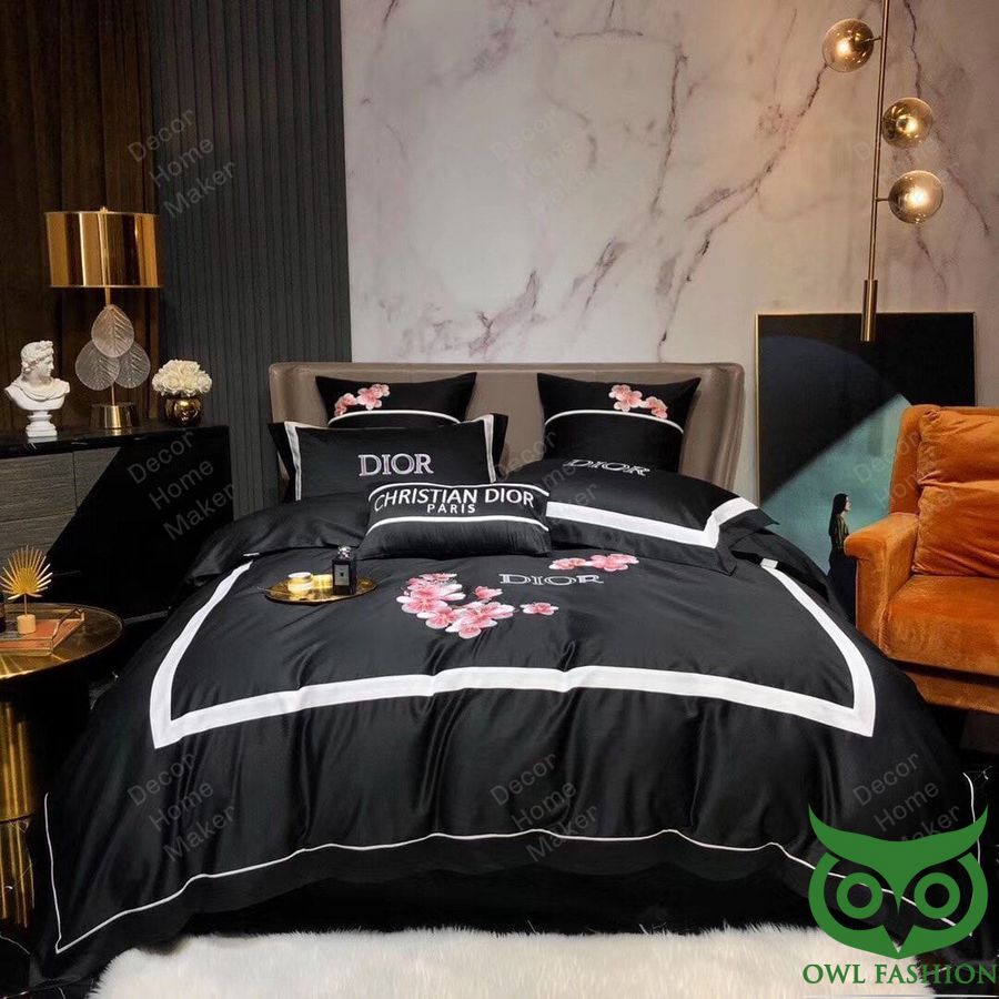 Luxury Christian Dior Paris Black with Light Pink Flowers in Center Bedding Set