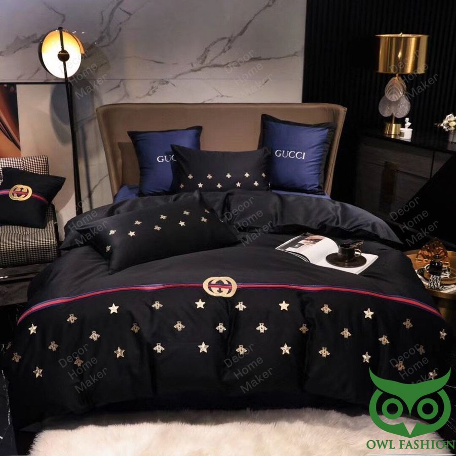 Luxury Gucci Black with Gold Star and Horizontal Red Line Bedding Set