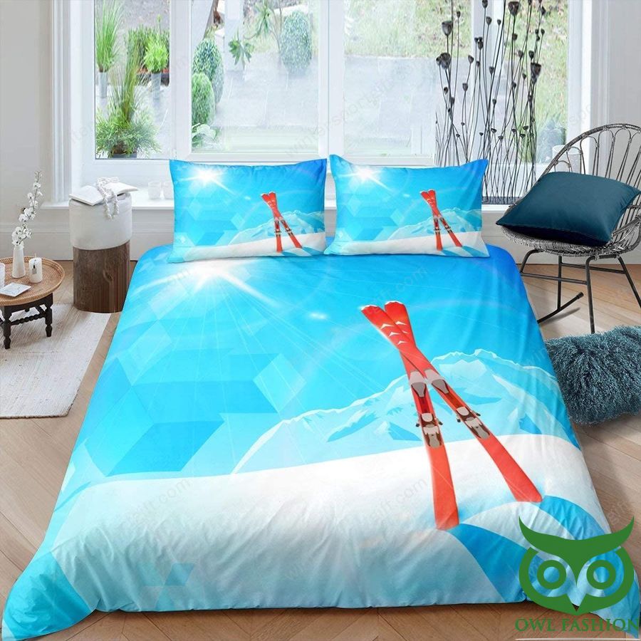 Skiing Red Snowboard and Blue Mountain Bedding Set