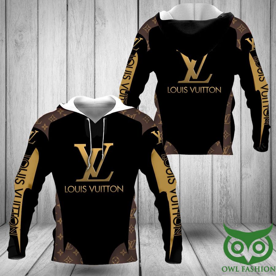 Luxury Louis Vuitton Black with Yellow and Light Brown Interleaved with Logo 3D Hoodie