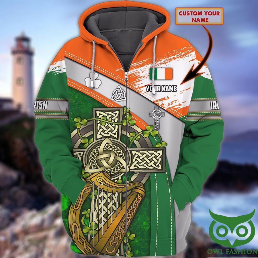 Custom Name Orange Green White with Ireland Flag and Harp Instrument St.Patrick's Day 3D Hoodie