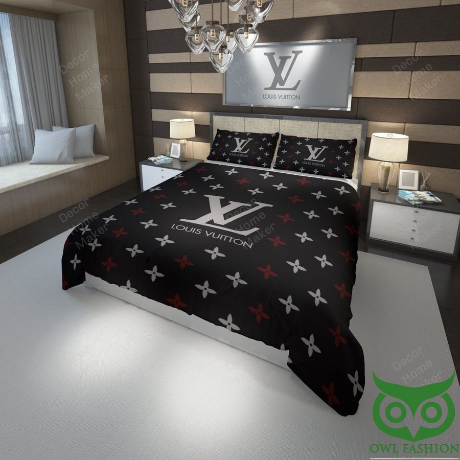 Luxury Louis Vuitton Black with Red and Gray Patterns Big Logo Bedding Set
