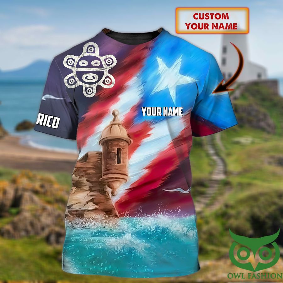Custom Name Puerto Rico with Castle on the Beach and Blue Red Sky 3D T-shirt