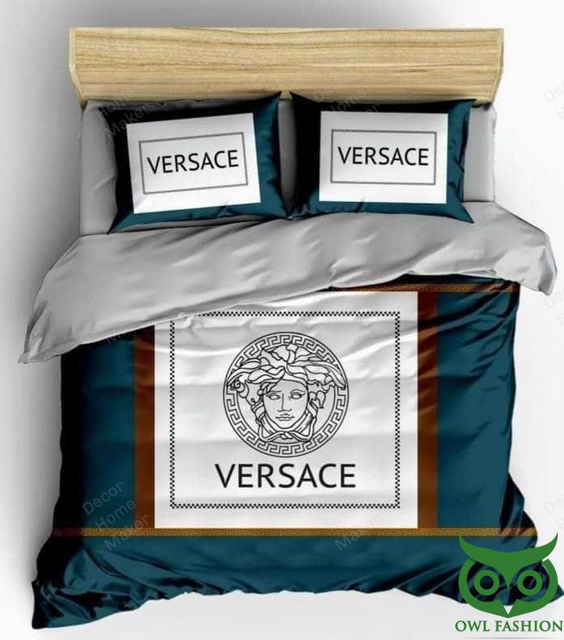 Luxury Versace Dark Blue with Black and White Medusa Head in Center Bedding Set