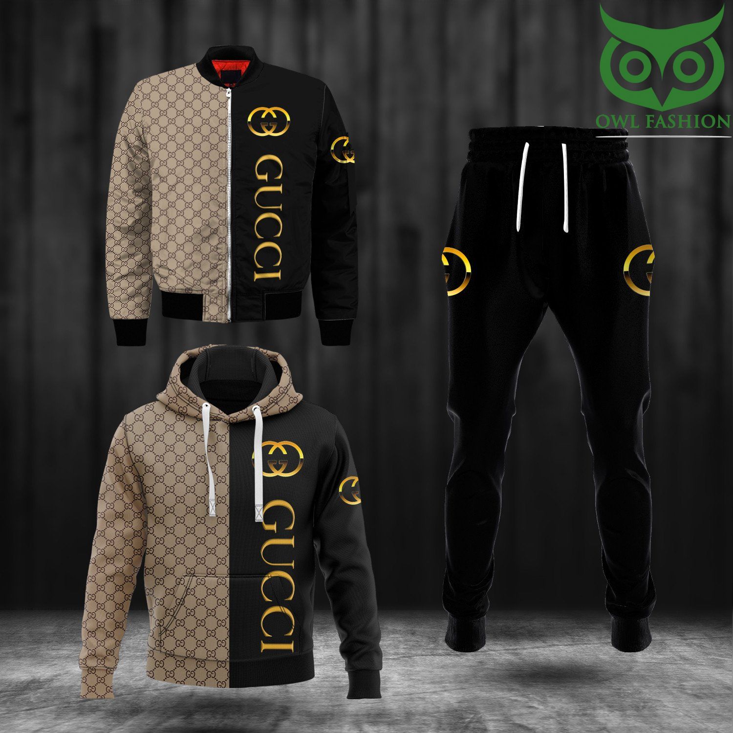 Gucci black and beige Fashion Bomber Jacket Hoodie and Pants 