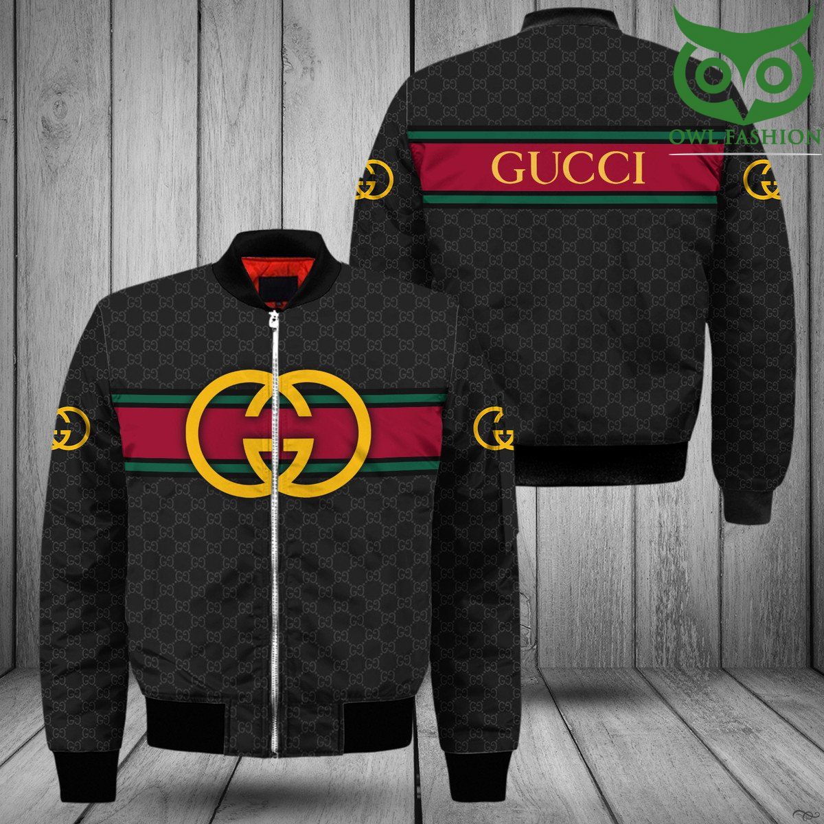 Gucci luxury gold logo black bomber jacket