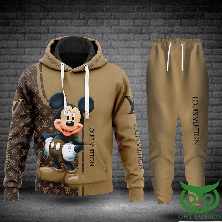 Luxury Louis Vuitton Brown with Vertical Name Line and Mickey on the Right 3D Shirt and Pants