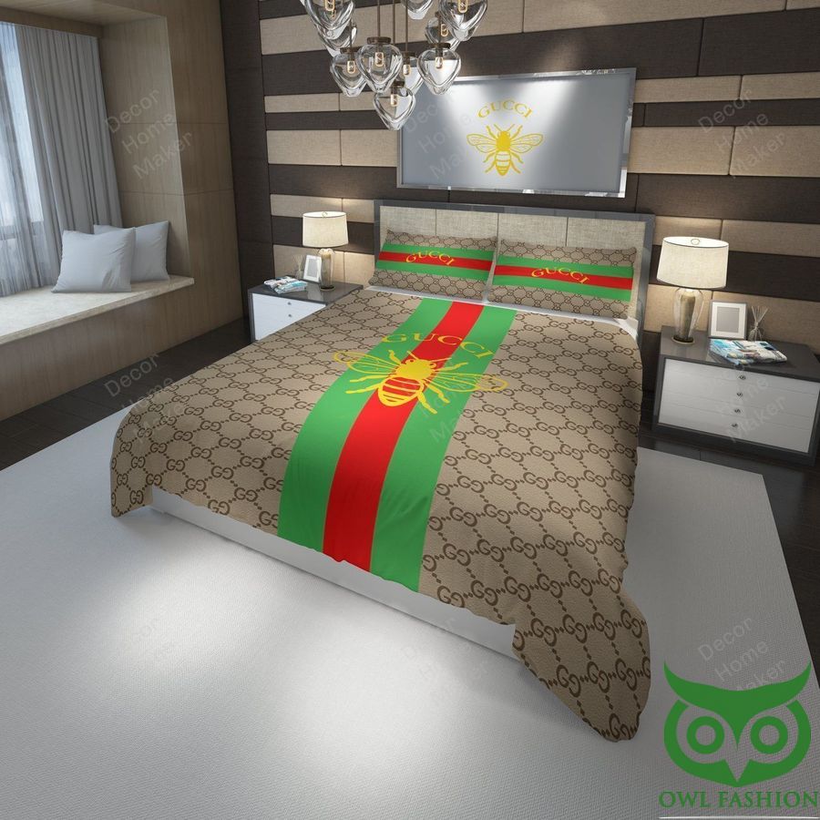 Luxury Gucci Monogram with Vertical Red Green Line and Yellow Fly Bedding Set