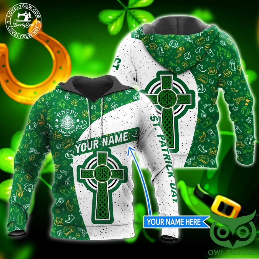 38 Custom Name St. Patrick Day with Crucifix Green and White 3D Shirt