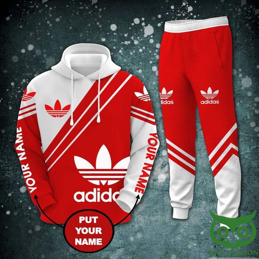 40 Customized Luxury Adidas Red and White Thin Diagonal Lines with Logo Hoodie and Pants