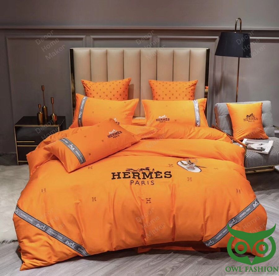 Luxury Hermes Paris Name and Logo Orange Color Bedding Set