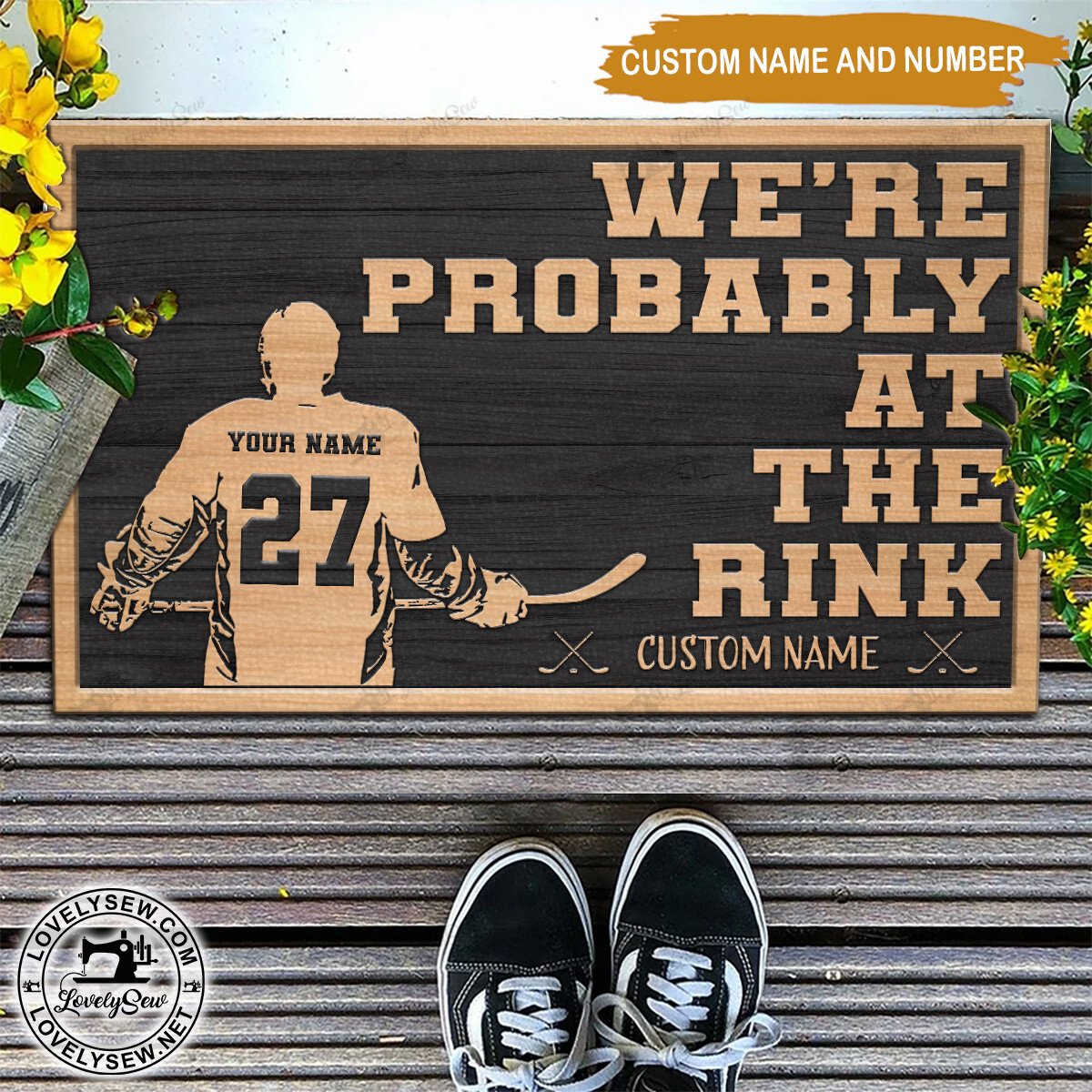 Custom Name Number Hockey Player At the rink Gray Doormat 