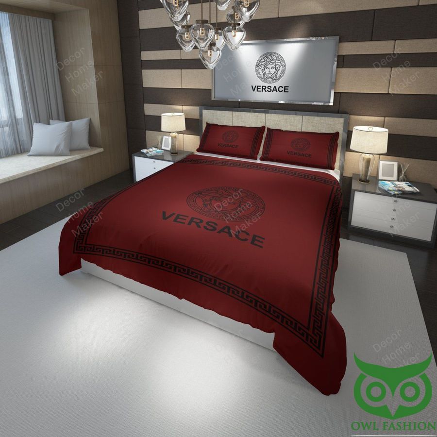 Luxury Versace Dark Red with Greca Pattern Square and Medusa Head Bedding Set