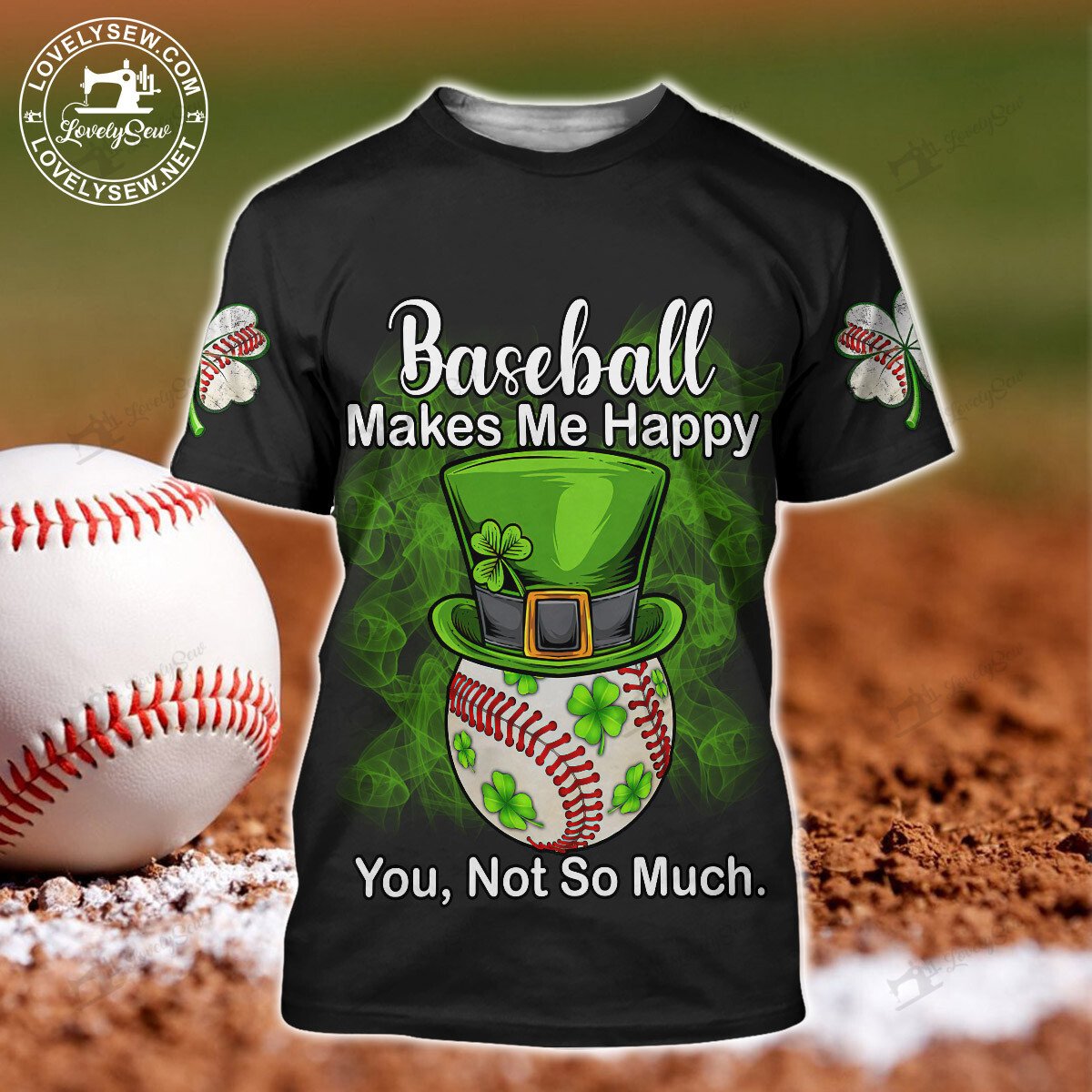 Baseball Makes Me Happy with Green Leaves and Hat 3D Shirt