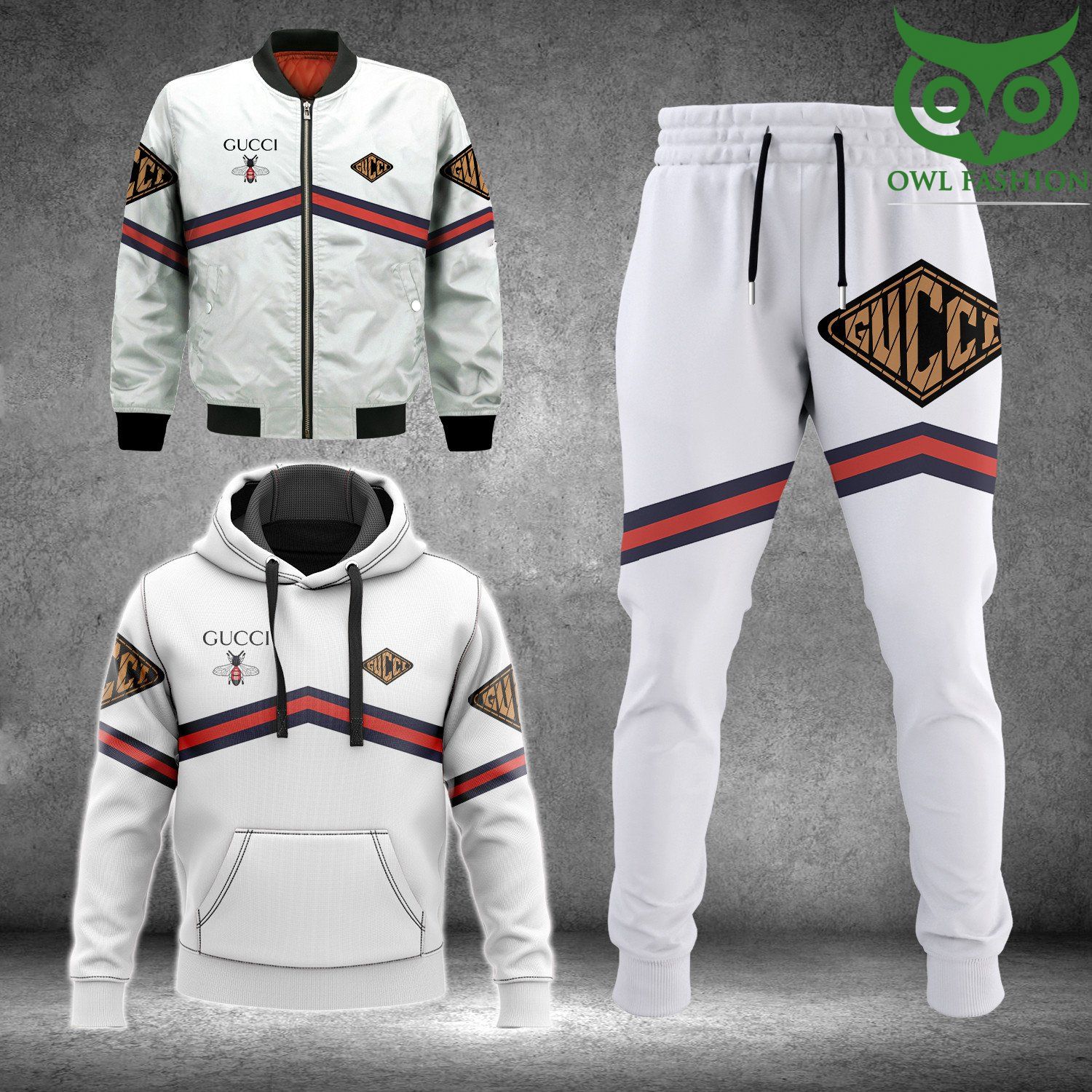 Gucci bee white Fashion Bomber Jacket Hoodie and Pants 