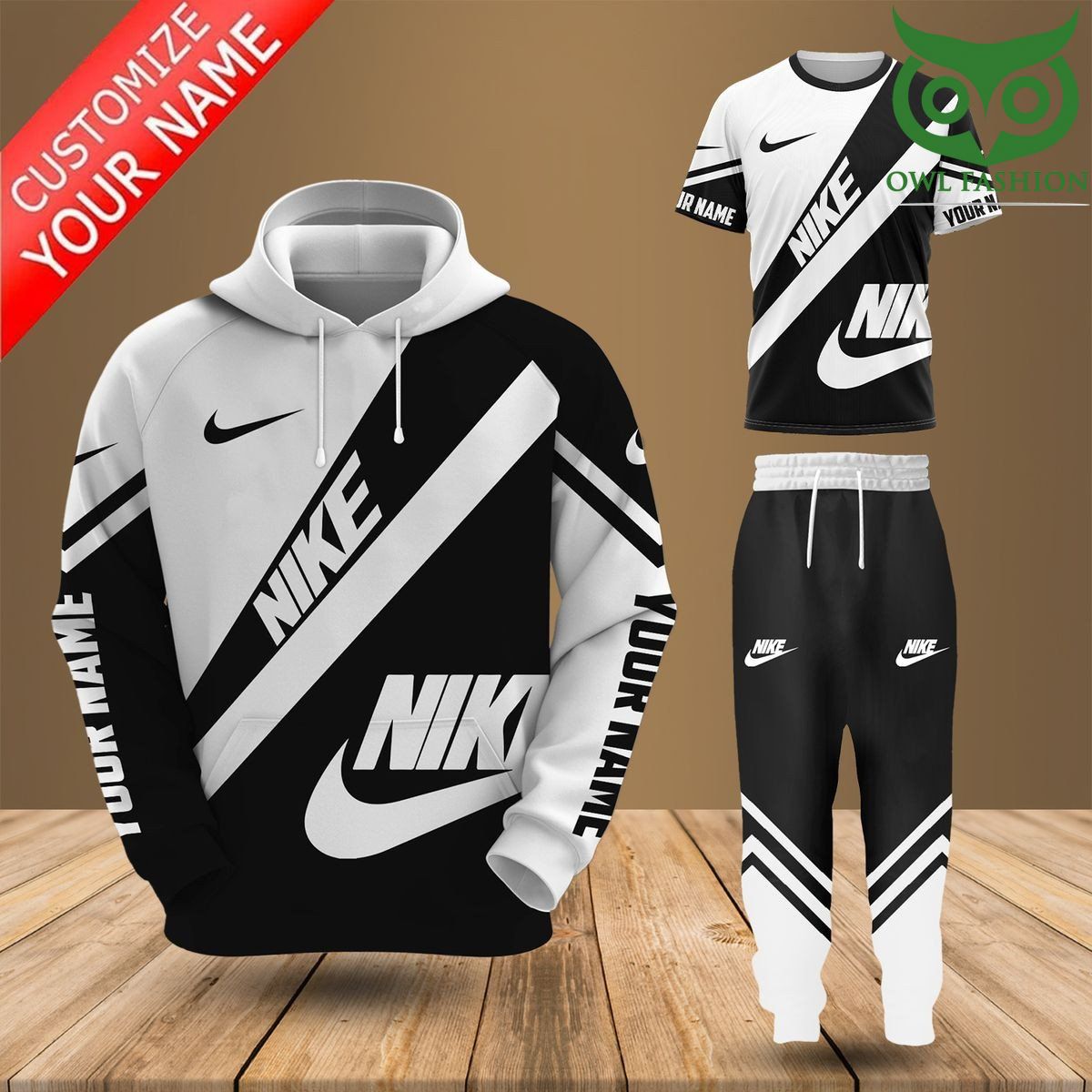Personalized Nike luxury black and white design hoodies and sweatpants