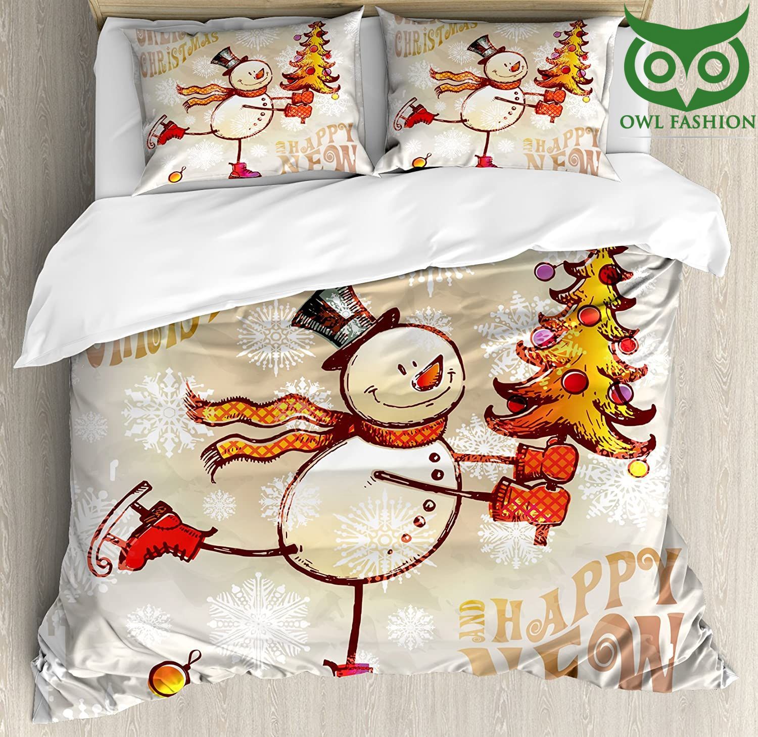 Snowman bedding set Skating Happy Snowman with Christmas Tree Cheerful