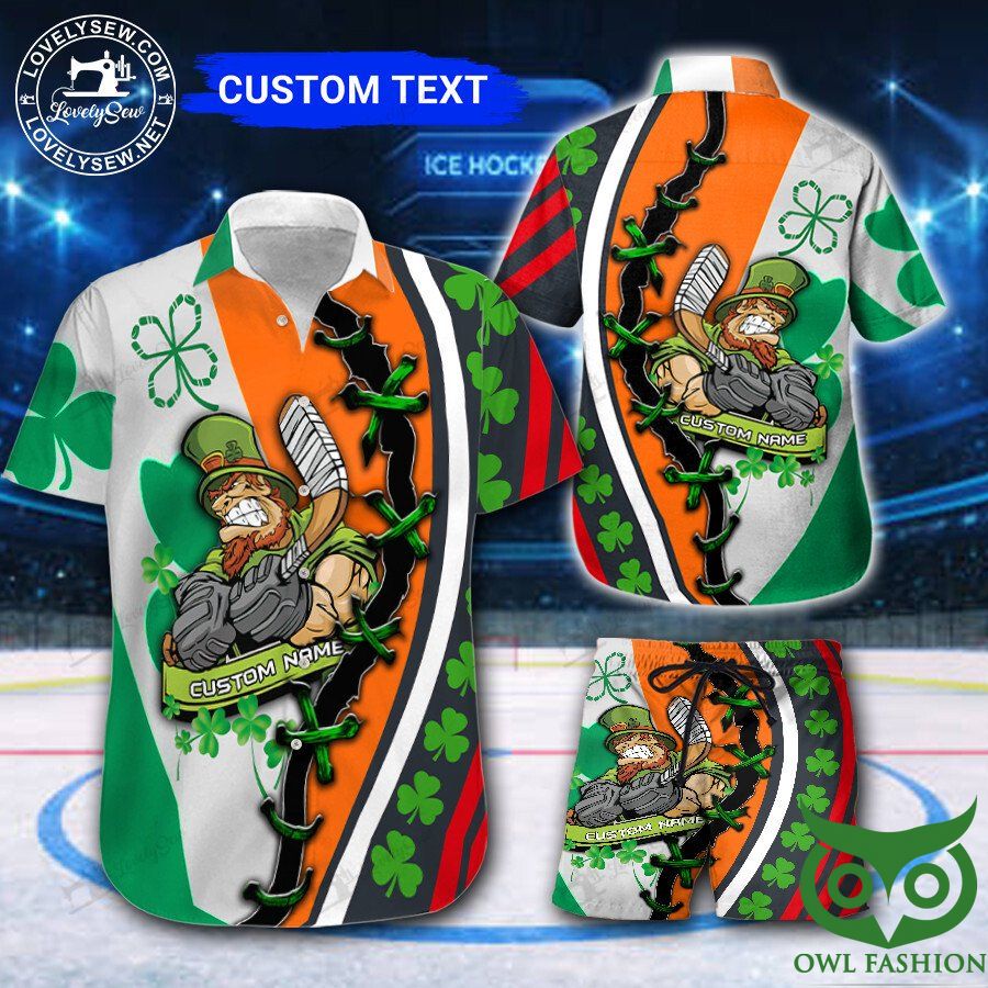 Custom Name Hockey Saint Patrick's Day Angry Character Hawaiian Shirt and Shorts