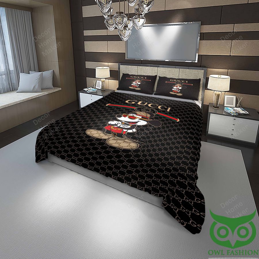 Luxury Gucci Black Multiple Logos with Big Mickey in Center Bedding Set