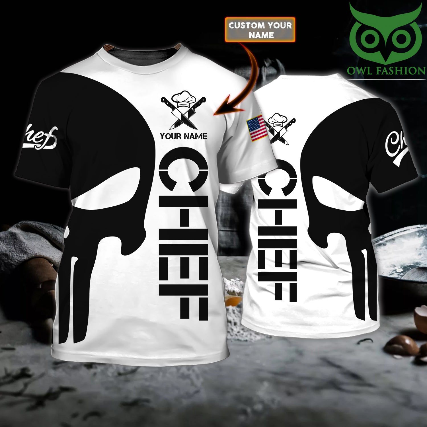 CHEF Skull black and white personalized 3D Tshirt