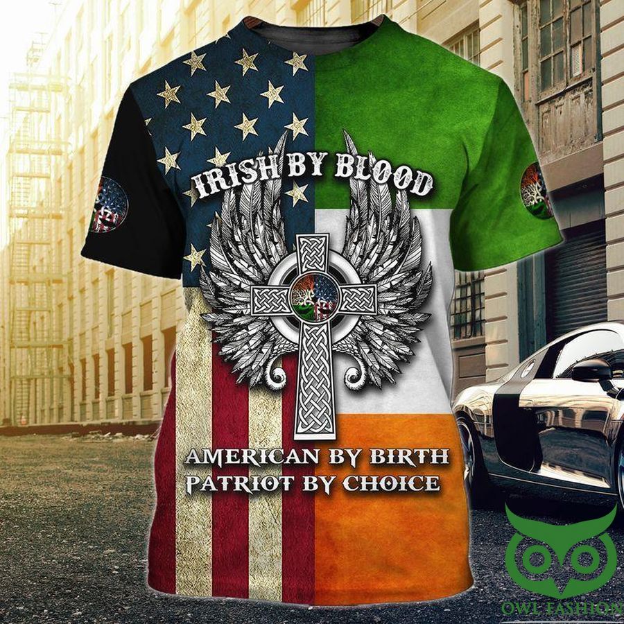 Gray Crucifix with Wings and Half America Half Ireland Flag with Quotes St.Patrick's Day 3D T-shirt