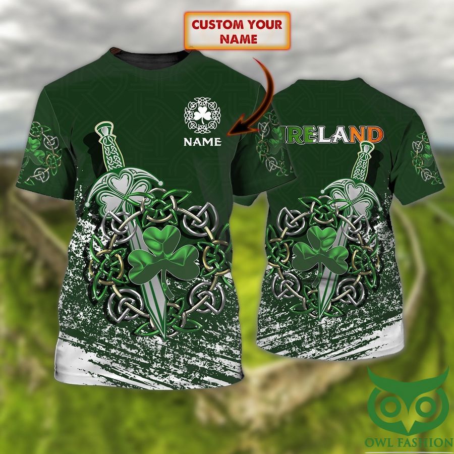 Custom Name Ireland Line with Flag Color with Green Leaf and Gray Sword St.Patrick's Day 3D T-shirt