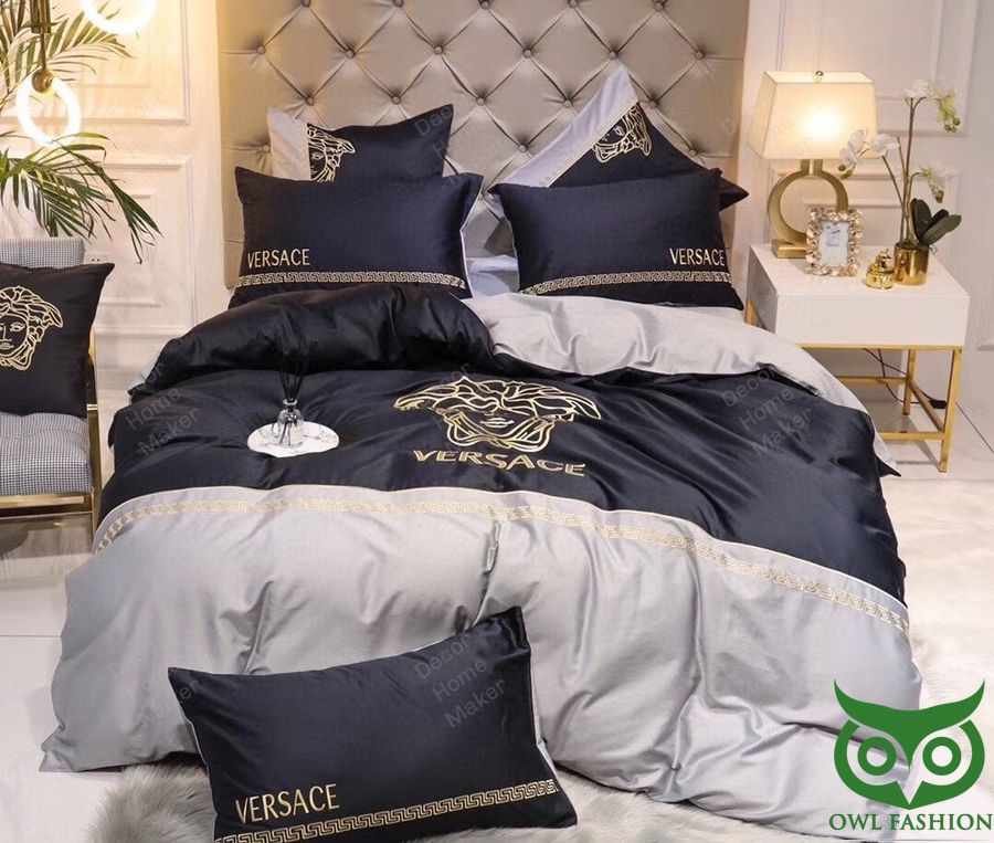 Luxury Versace Black and Light Gray with Greca Line and Medusa Head Bedding Set