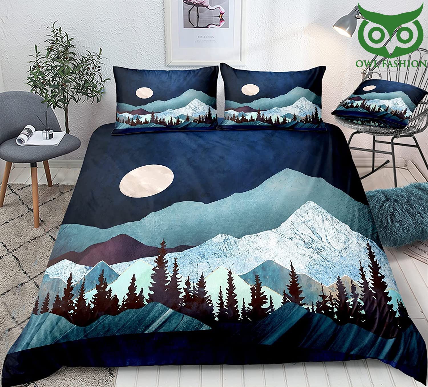 Snow mountain bedding set Snow Mountain Tree Forests and Bright Moonlight