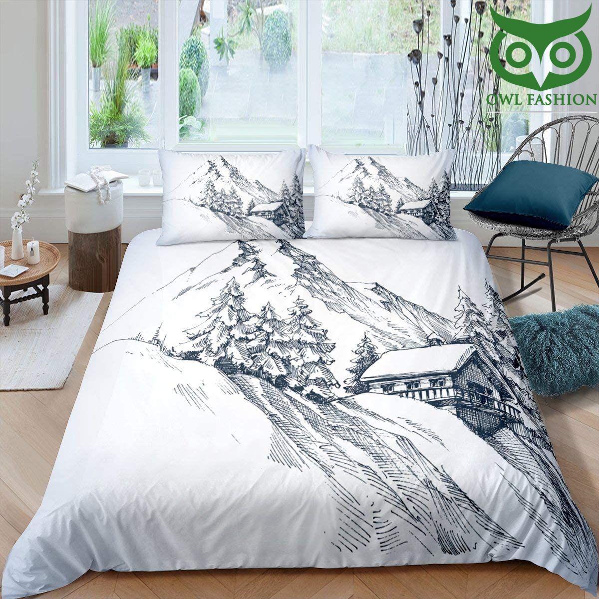 Snow mountain bedding set Snow Mountain Black White Simple Sketch Drawing