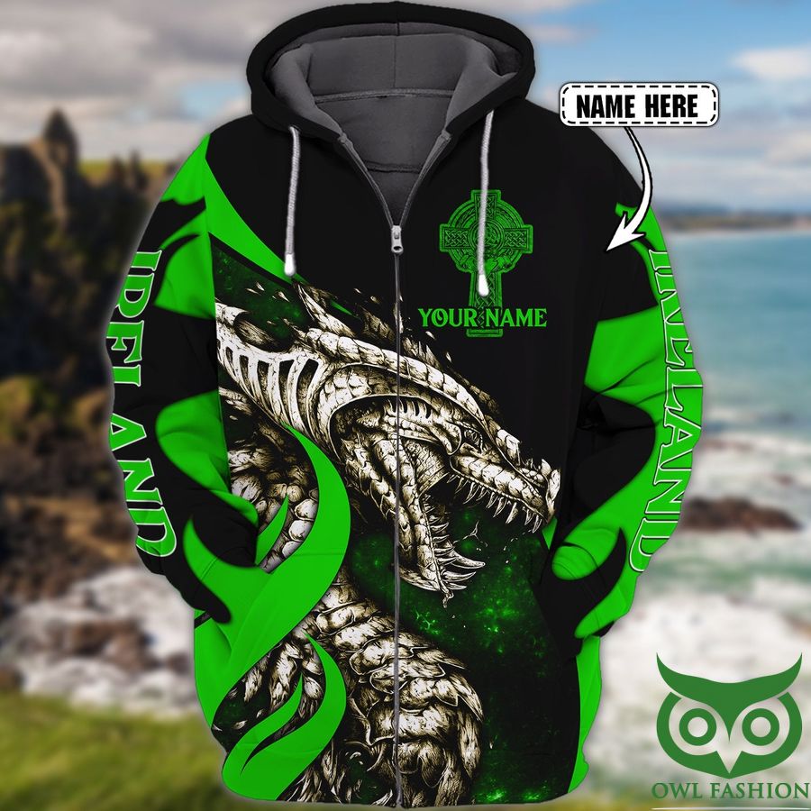 Custom Name Green and Black Ireland Lines with Dark Dragon and Crucifix St.Patrick's Day 3D Hoodie