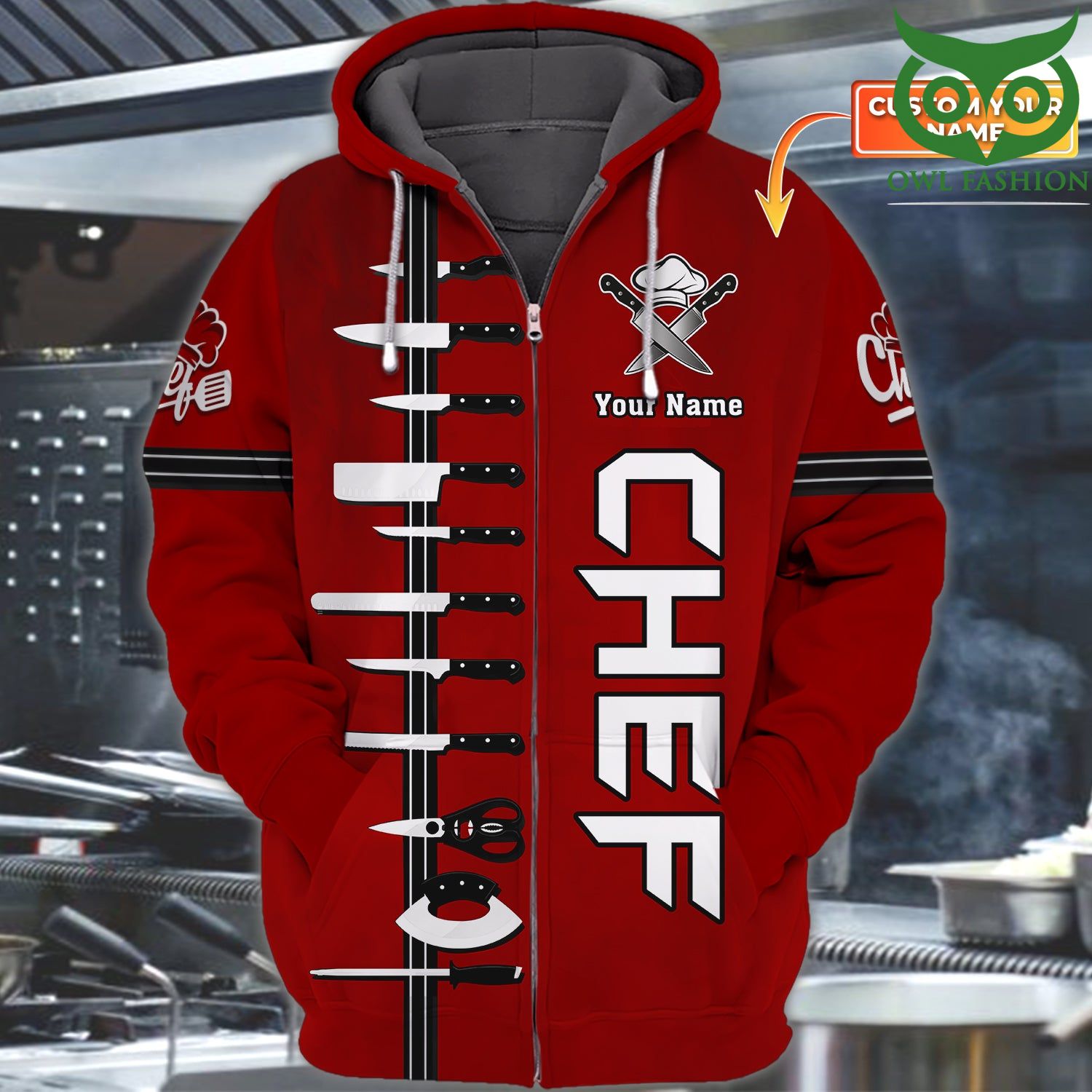 58 Chef Cooking Lovers Personalized Name red 3D Zipper Hoodie