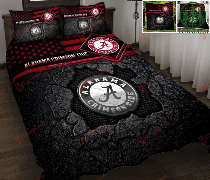 Alabama Crimson Tide Logo USA Flag Black Ground Quilt Bed Set