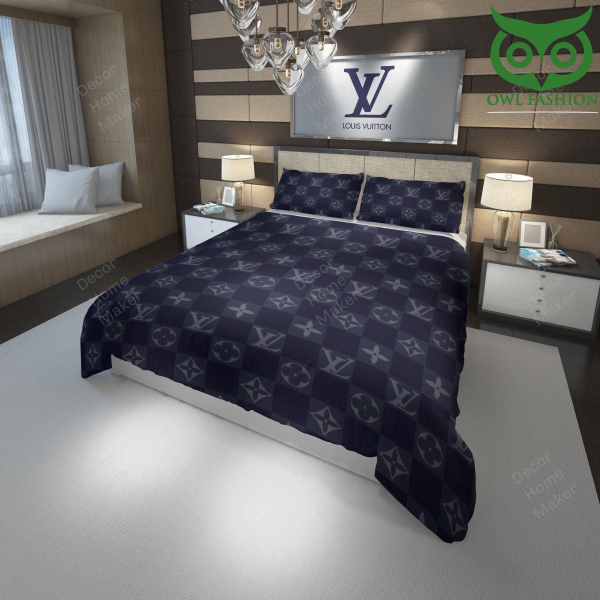 Louis Vuitton navy caro pattern luxury bedding set