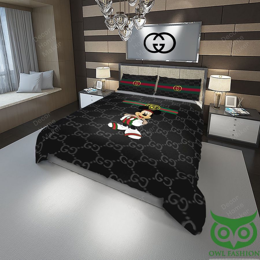 Luxury Gucci Black with Multiple Small Logos and Central Smiling Mickey Bedding Set