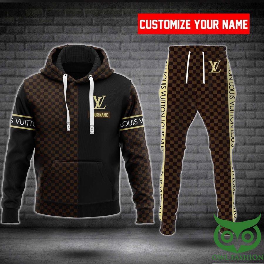 Customized Luxury Louis Vuitton Dark Brown and Black Name Strip 3D Shirt and Pants