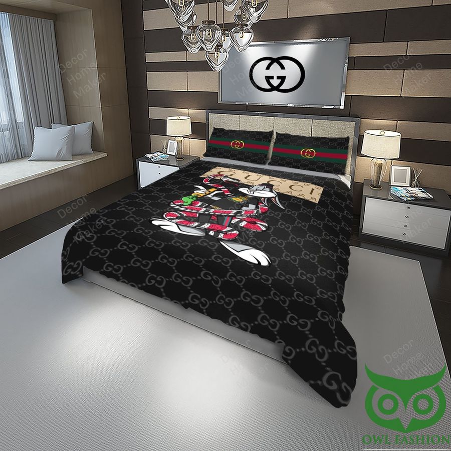 Luxury Gucci Black with Logos and Rabbit holding Carrot and Snake Bedding Set