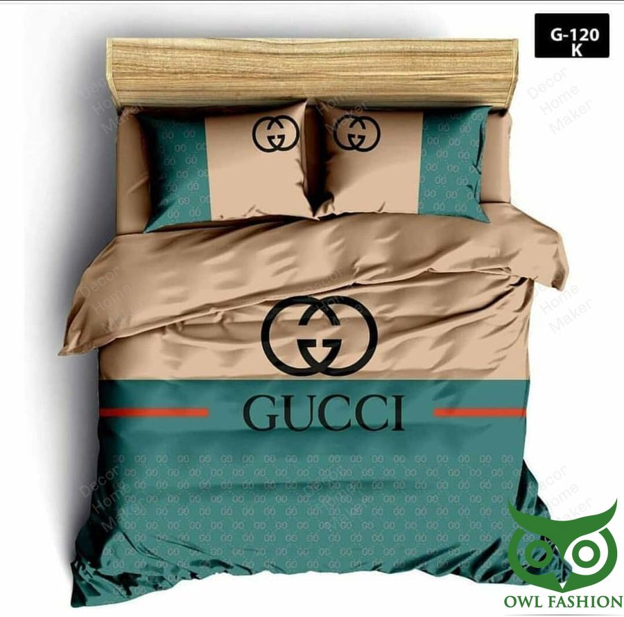 Luxury Gucci Turquoise and Beige Color with Black Brand Name Bedding Set